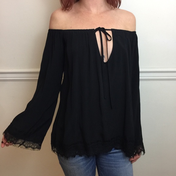 For Love and Lemons Black Lace Trim OTS Blouse Top - Picture 8 of 8